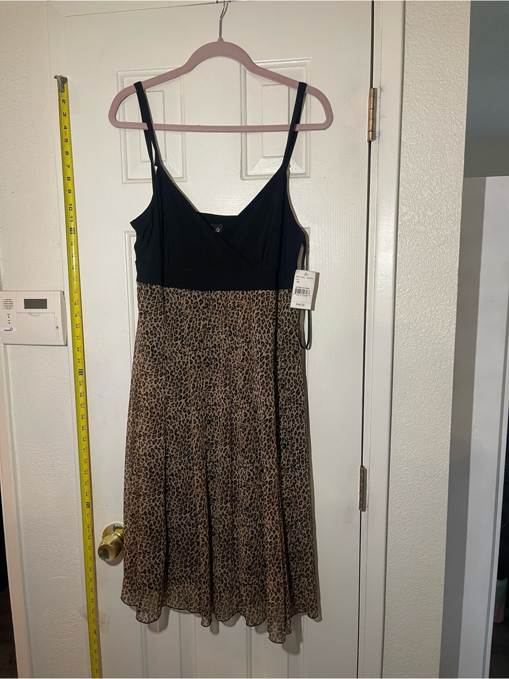 Black & Leopard-Print Midi Dress with Spaghetti Straps